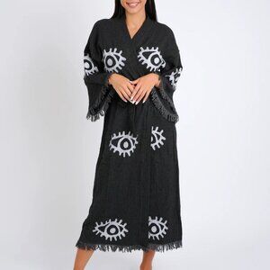 Turkish Cotton Long Bell Sleeve Evil All Seeing Eye Fringe Kaftan Kimono Robe